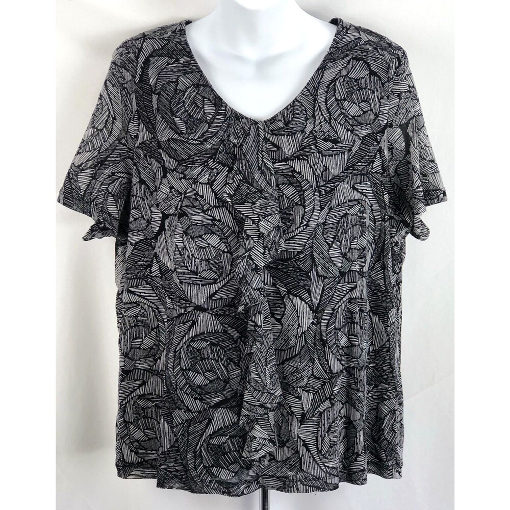 Croft Barrow mesh top IX Gray Blk Geometric Ruffle V-neck Shortsleeve Retro 90s